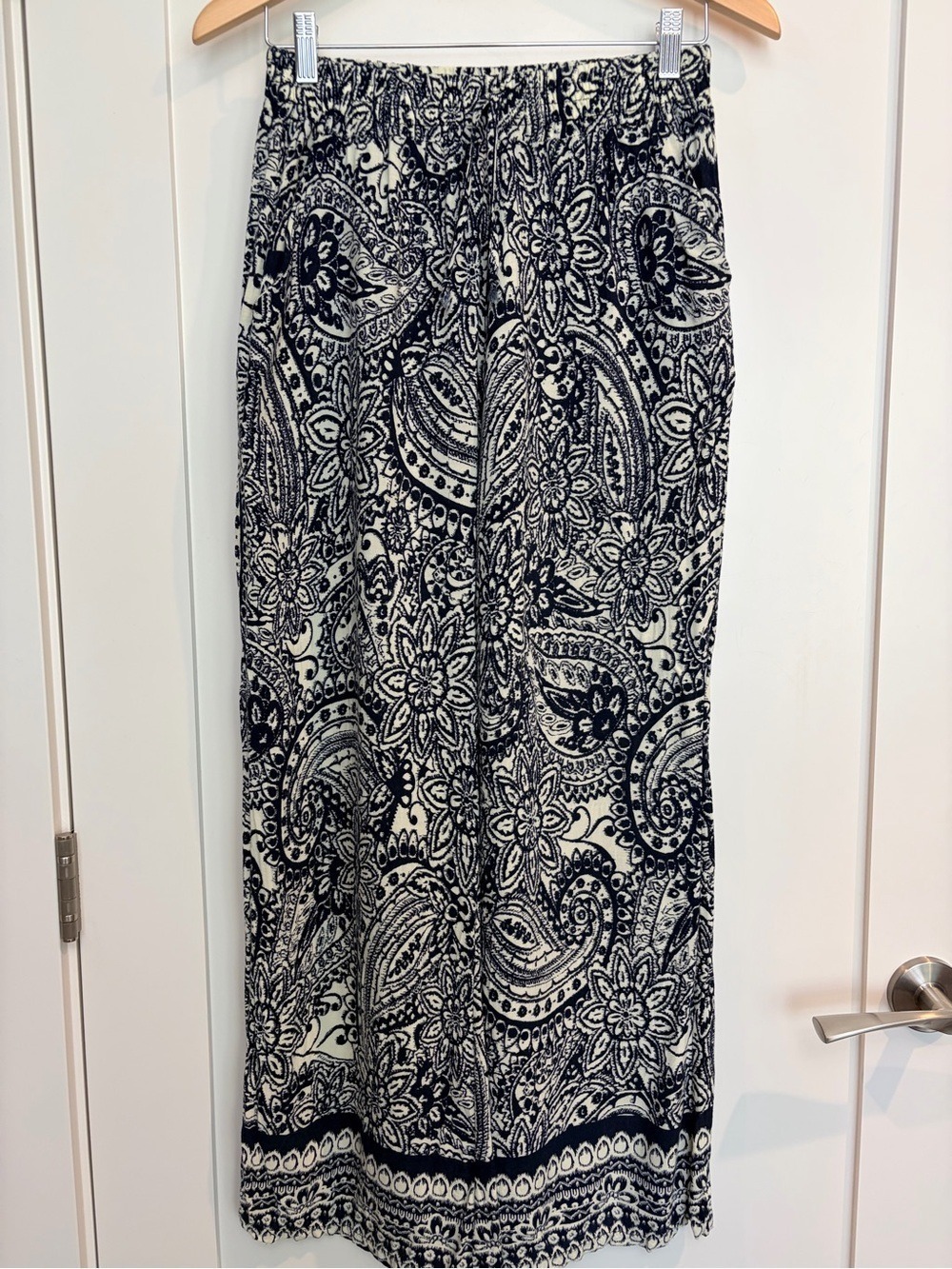 Wide Leg Paisley Print Pull-On Pants - Navy